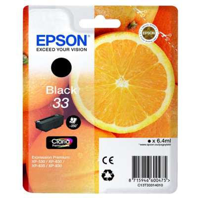 Epson T3331 (C13T33314010, T33), originálny atrament, čierny, 6,4 ml