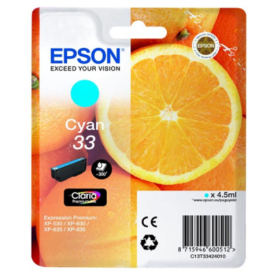 Epson T3342 (C13T33424010, T33), originálny atrament, azúrový, 4,5 ml